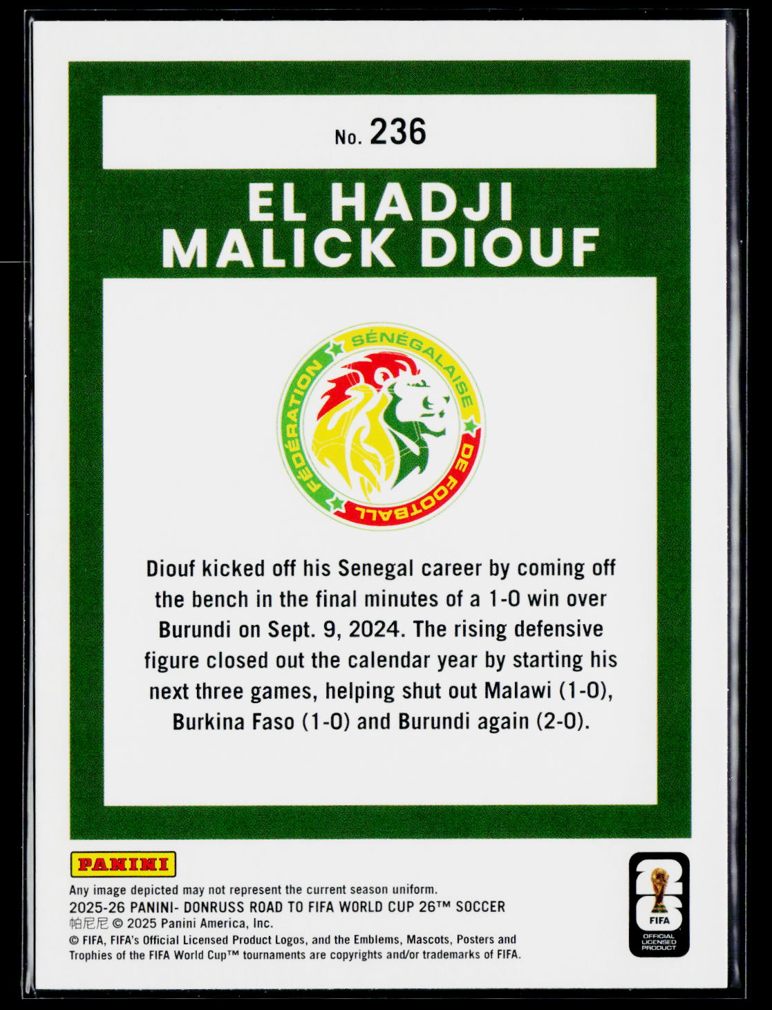 2025-26 Donruss Road to FIFA World Cup #236 El Hadji Malick Diouf