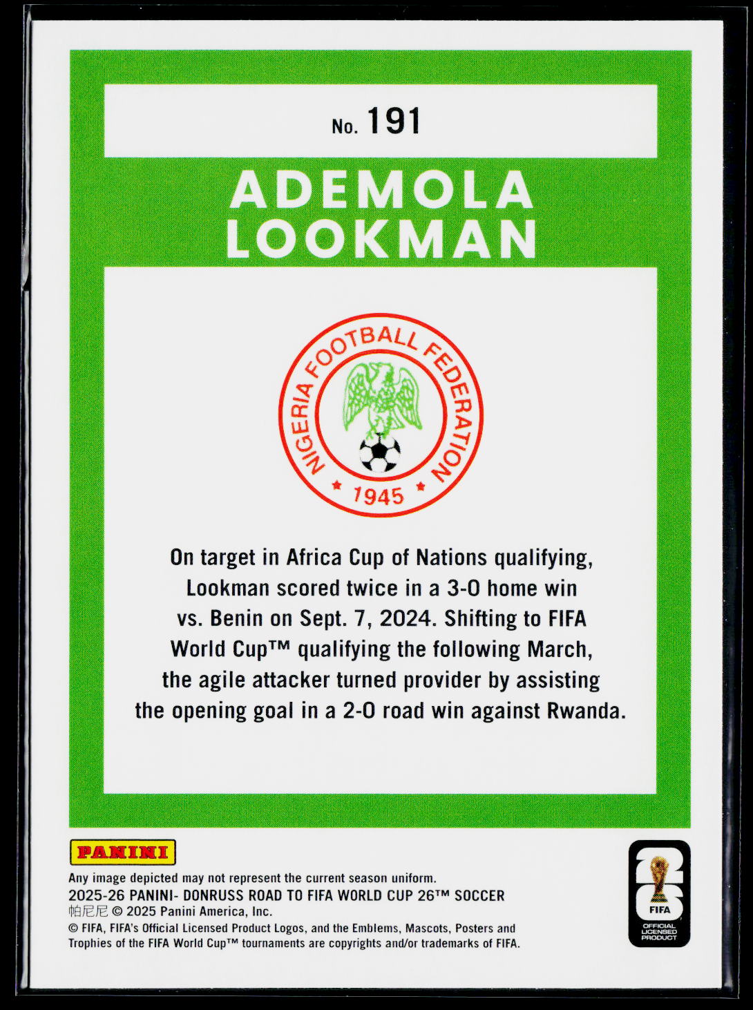 2025-26 Donruss Road to FIFA World Cup #191 Ademola Lookman