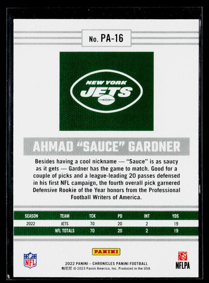 2022 Panini Chronicles #PA-16 Ahmad "Sauce" Gardner Panini