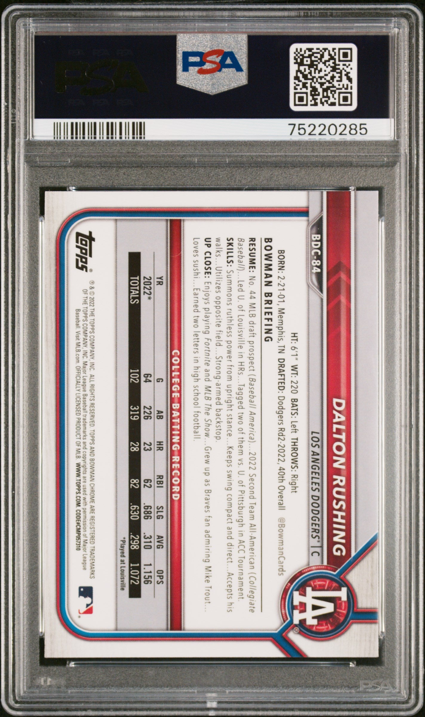 2022 Bowman Draft #BDC84 Dalton Rushing Chr-B/W Rywv.Refractor PSA 9