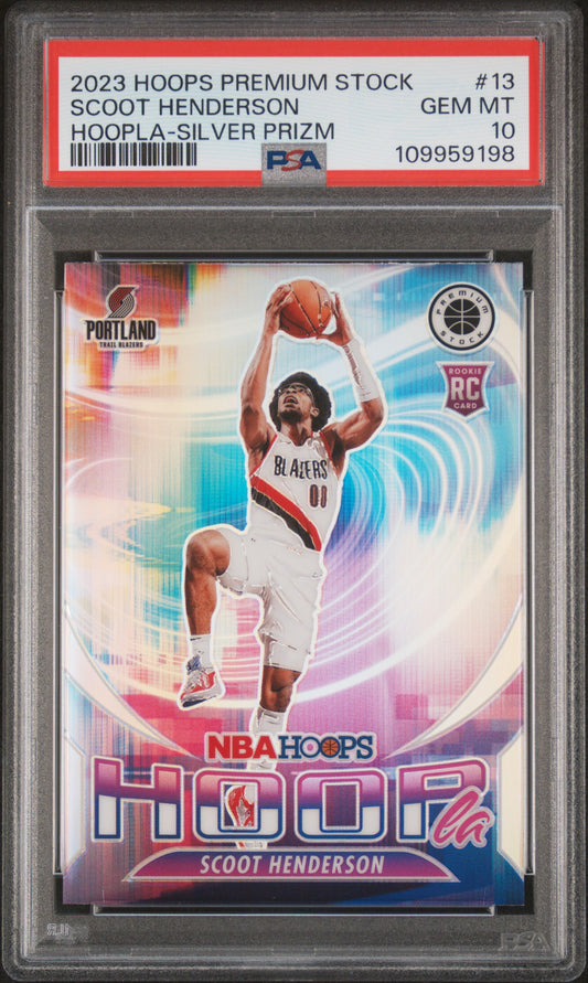 2023 Panini Hoops Premium Stock 13 Scoot Henderson Hoopla Silver Prizm PSA 10