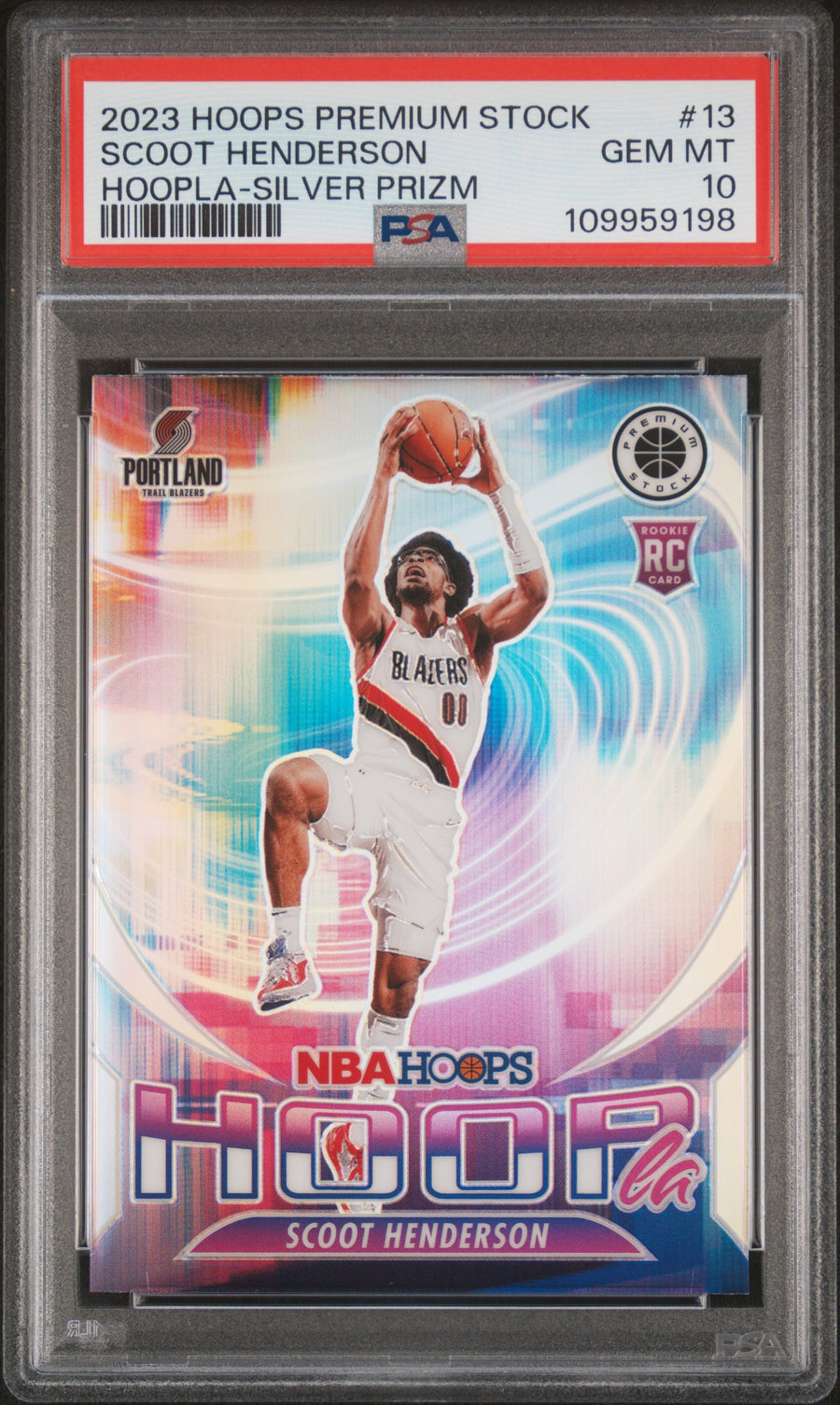 2023 Panini Hoops Premium Stock 13 Scoot Henderson Hoopla Silver Prizm PSA 10