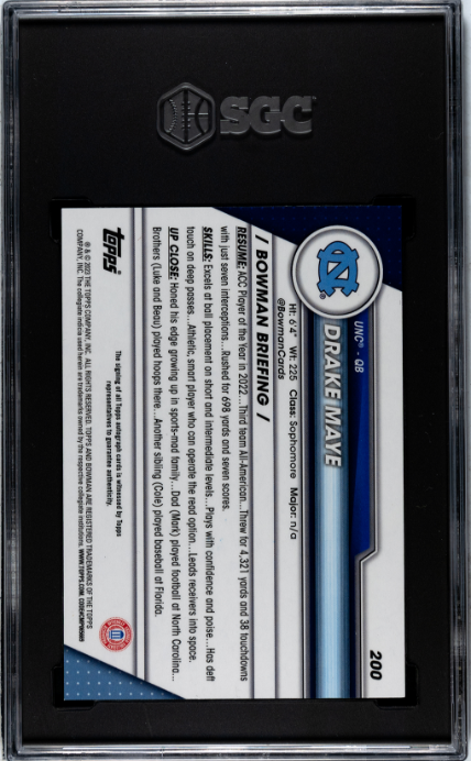 2023 Bowman University Chrome #200 Drake Maye Auto. SGC 10