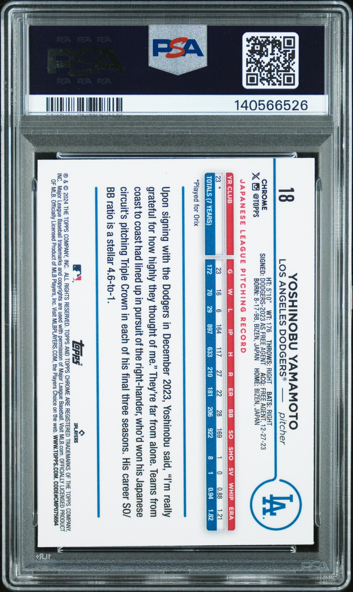 2024 Topps Chrome #18 Yoshinobu Yamamoto Raywave Refractors PSA 8