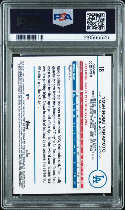 2024 Topps Chrome #18 Yoshinobu Yamamoto Raywave Refractors PSA 8