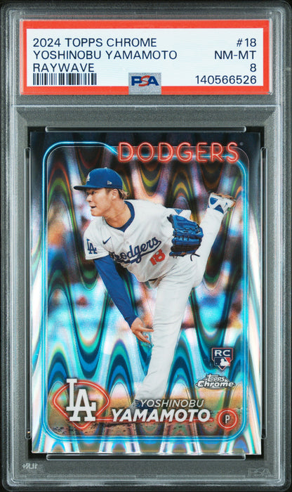 2024 Topps Chrome #18 Yoshinobu Yamamoto Raywave Refractors PSA 8