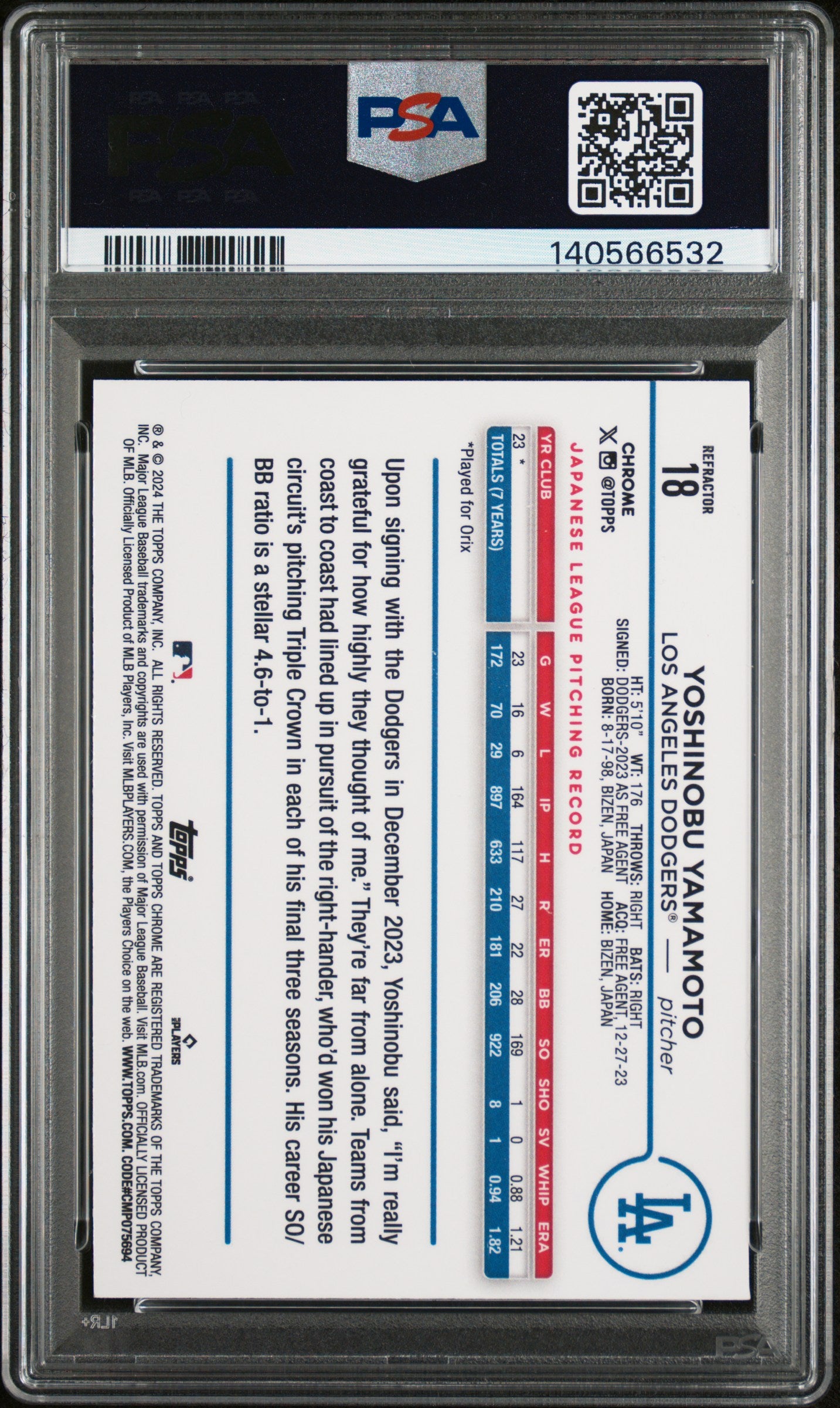 2024 Topps Chrome #18 Yoshinobu Yamamoto Refractor PSA 8