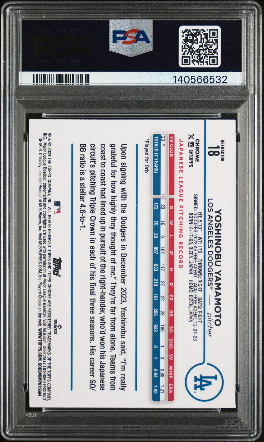 2024 Topps Chrome #18 Yoshinobu Yamamoto Refractor PSA 8