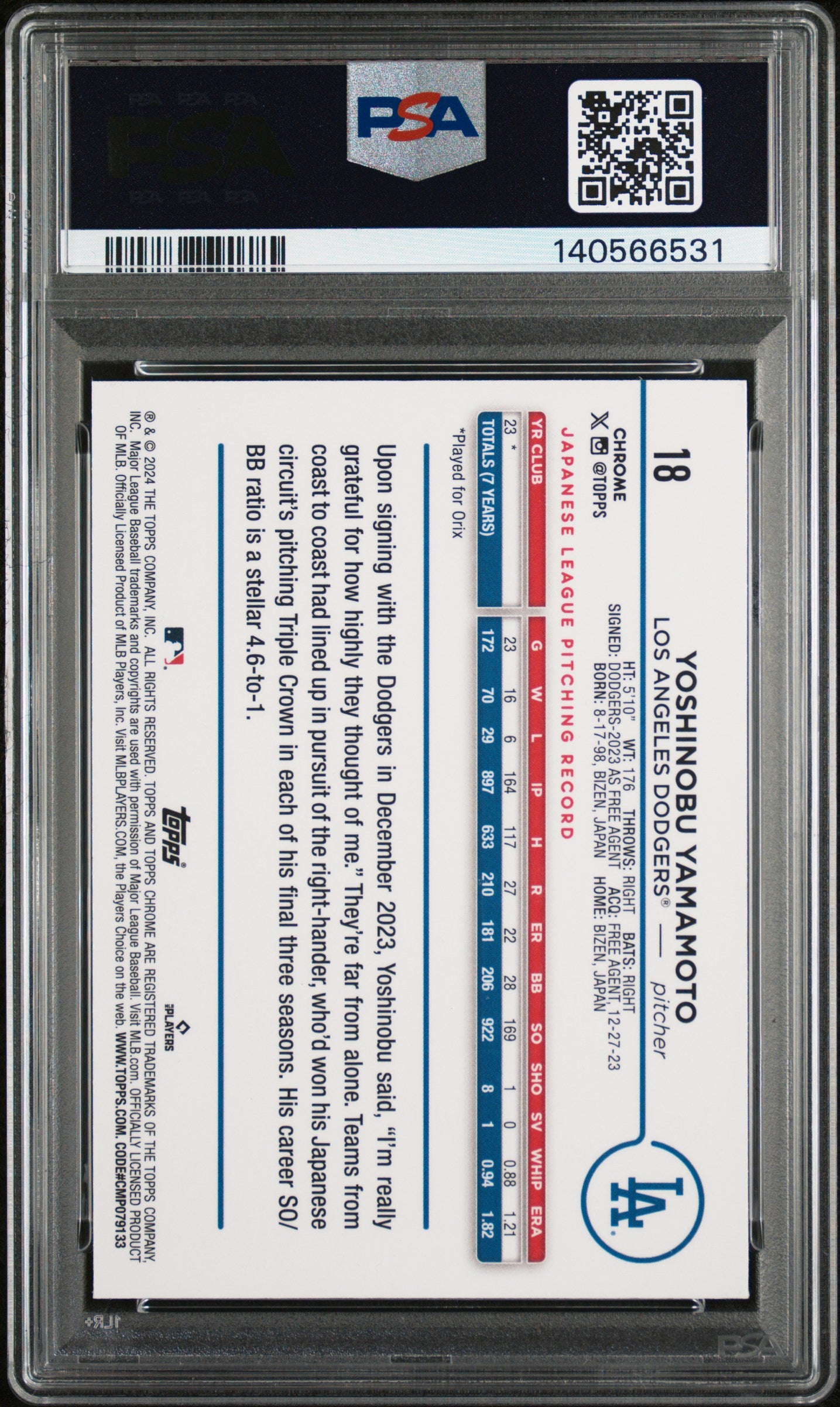 2024 Topps Chrome Logofractor Edition #18 Yoshinobu Yamamoto PSA 8