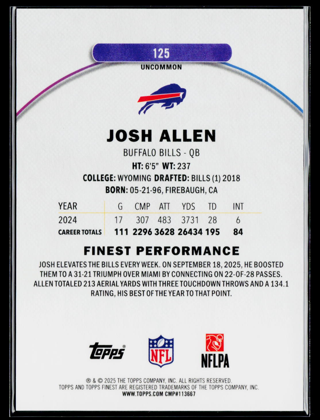 2025 Finest #125 Josh Allen Green Geometric Refractor #/35