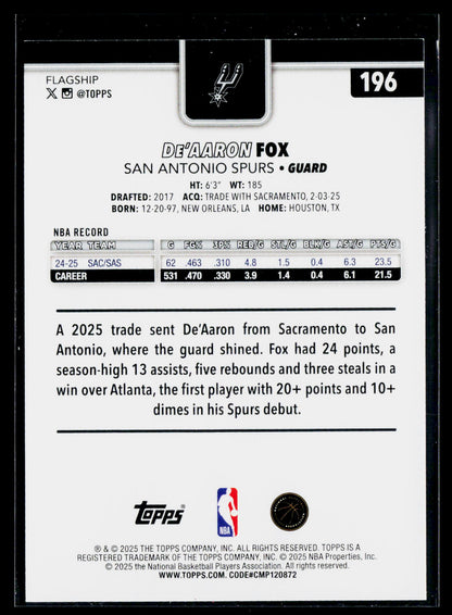 2025-26 Topps #196 De'Aaron Fox Sandglitter Blue SSP