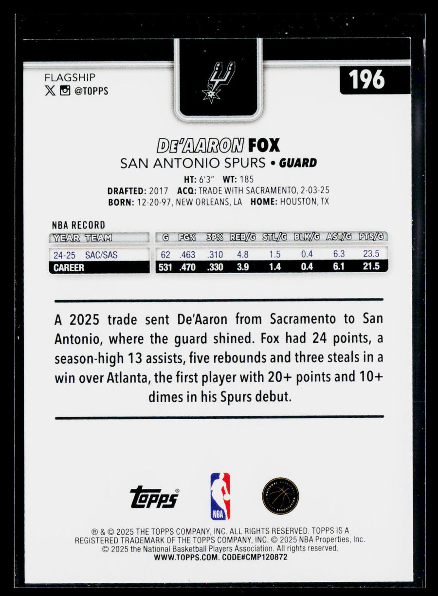 2025-26 Topps #196 De'Aaron Fox Sandglitter Blue SSP