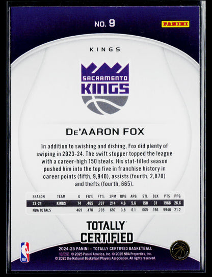2024-25 Panini Totally Certified #9 De'Aaron Fox