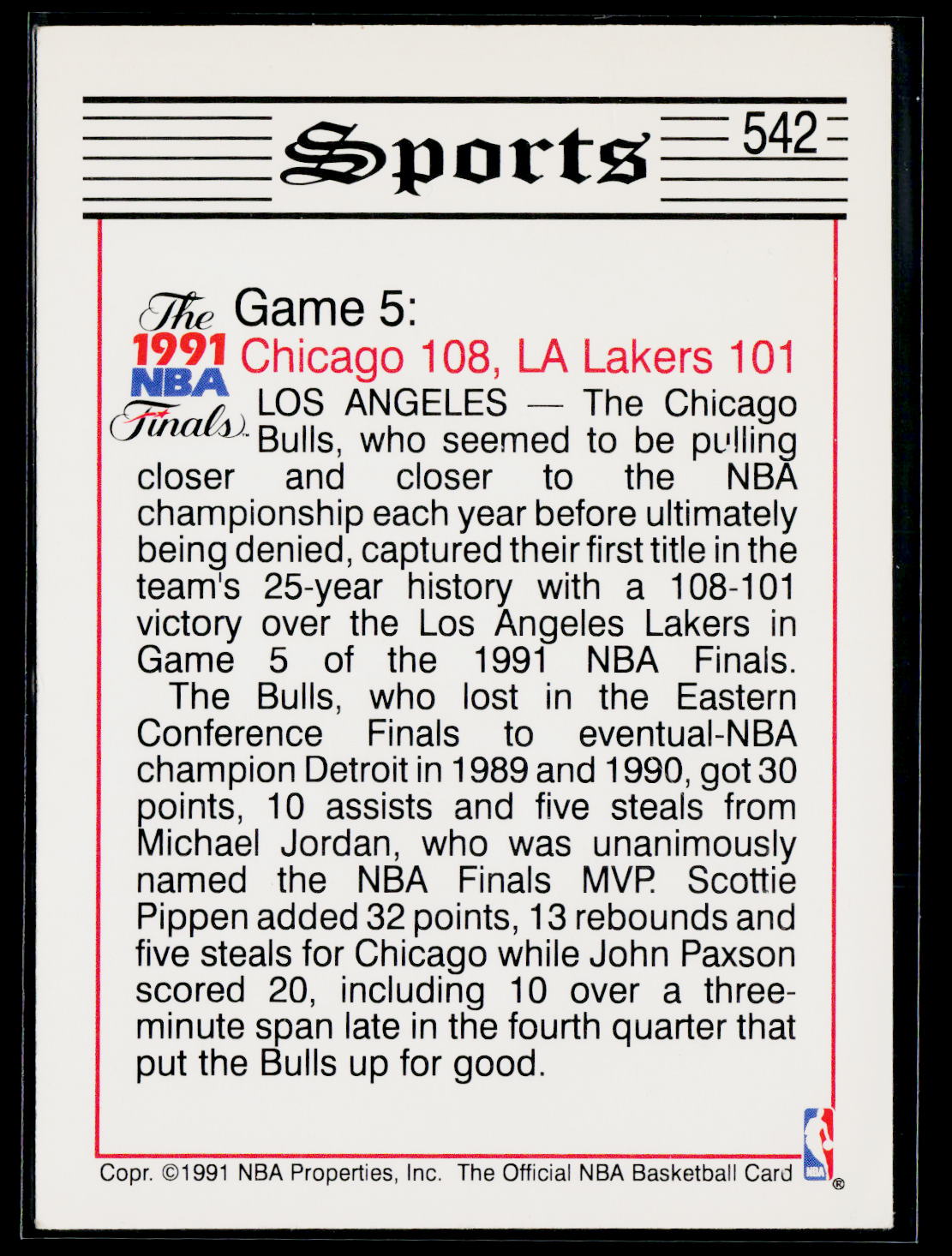 1991-92 Hoops #542 Jordan, Bulls Win First NBA Title TRIB,