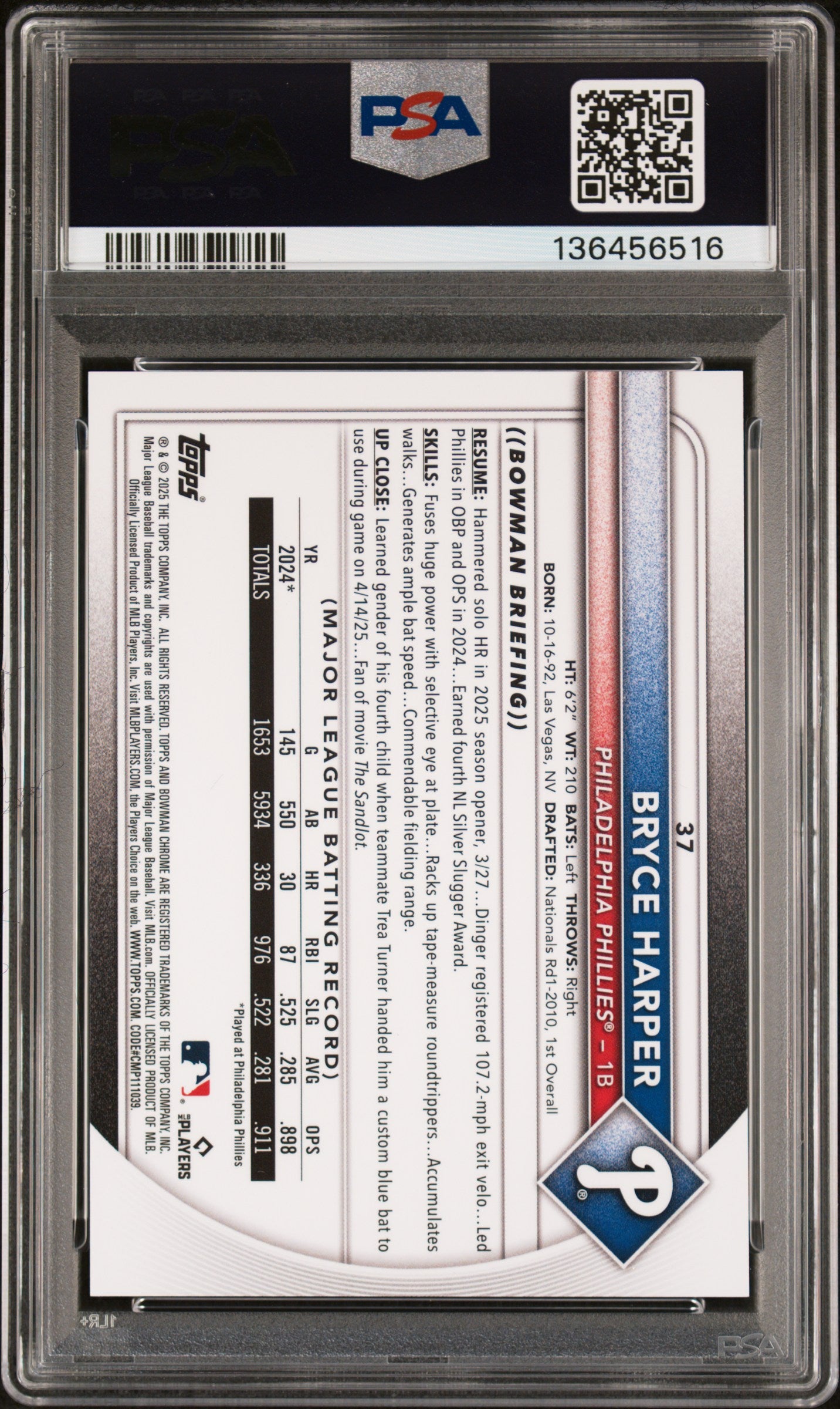 2025 Bowman Chrome Mega Box #37 Bryce Harper Red Refractor PSA 9