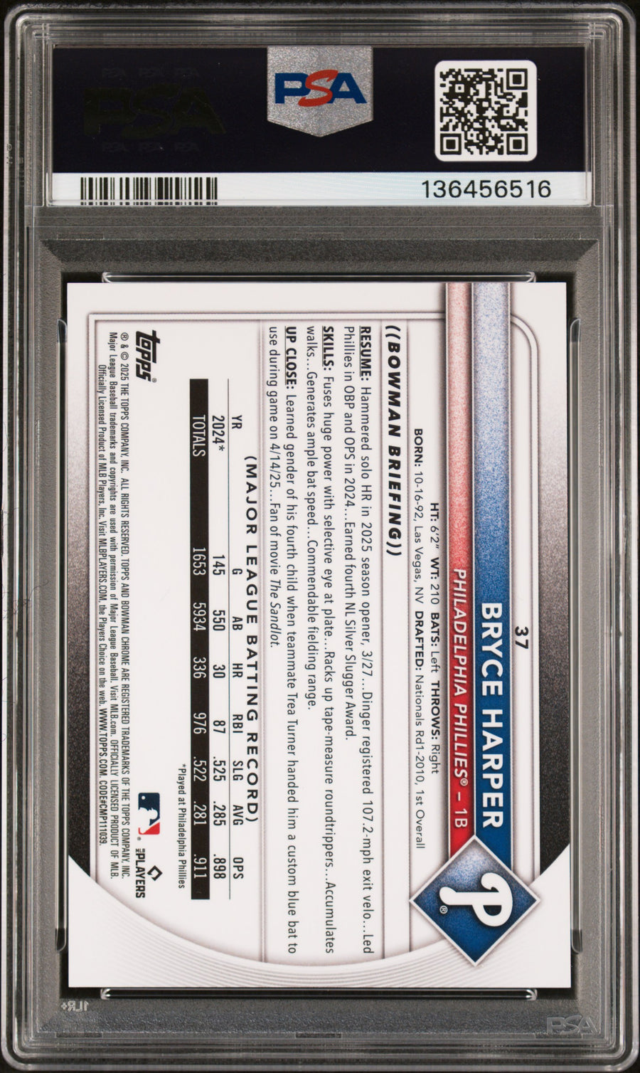 2025 Bowman Chrome Mega Box #37 Bryce Harper Red Refractor PSA 9