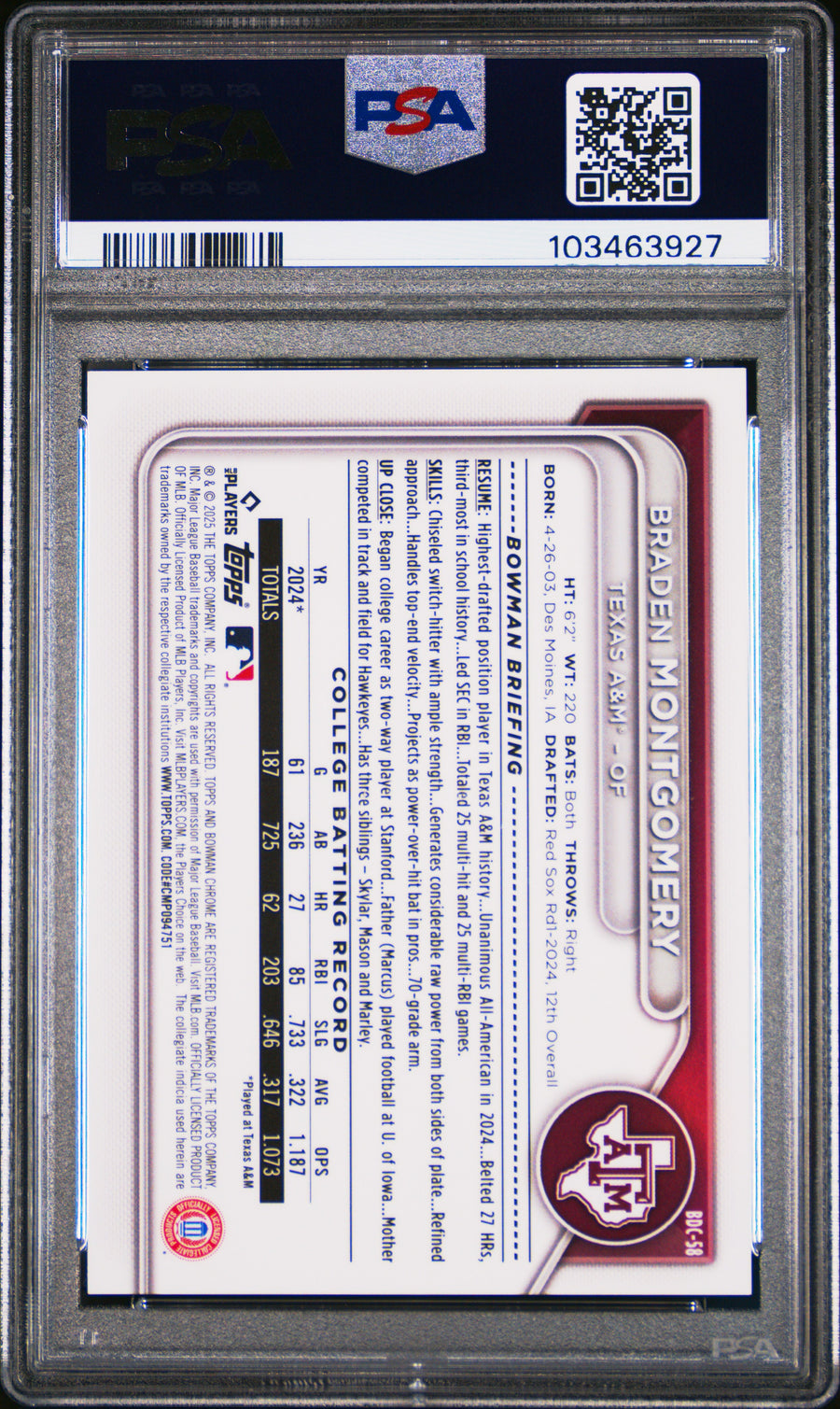 2024 Bowman Draft #BDC58 Braden Montgomery Chrome Variation PSA 10