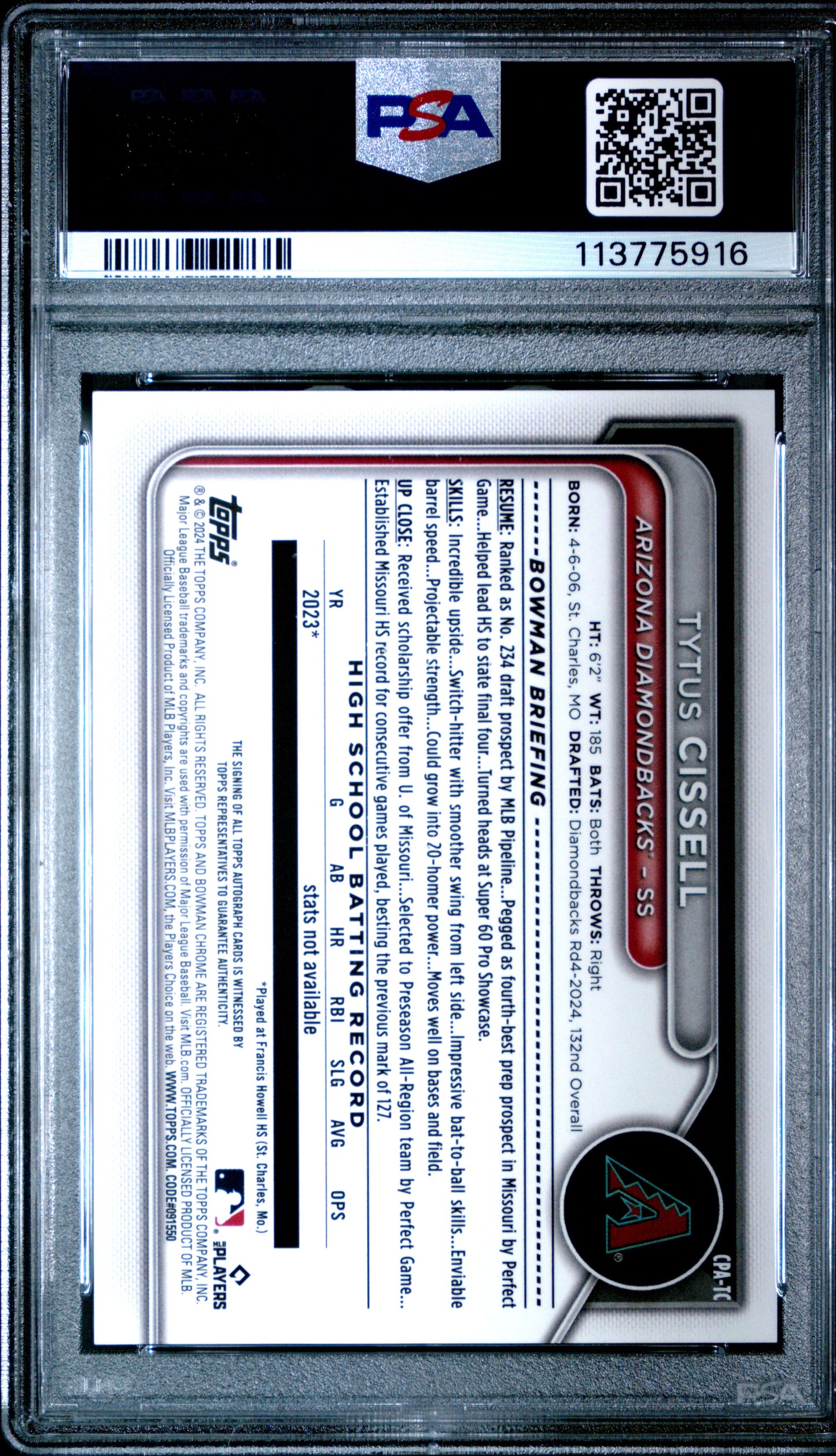 2024 Bowman Draft Chrome Autographs #CPATC Tytus Cissell Blue Wave /150 PSA 10