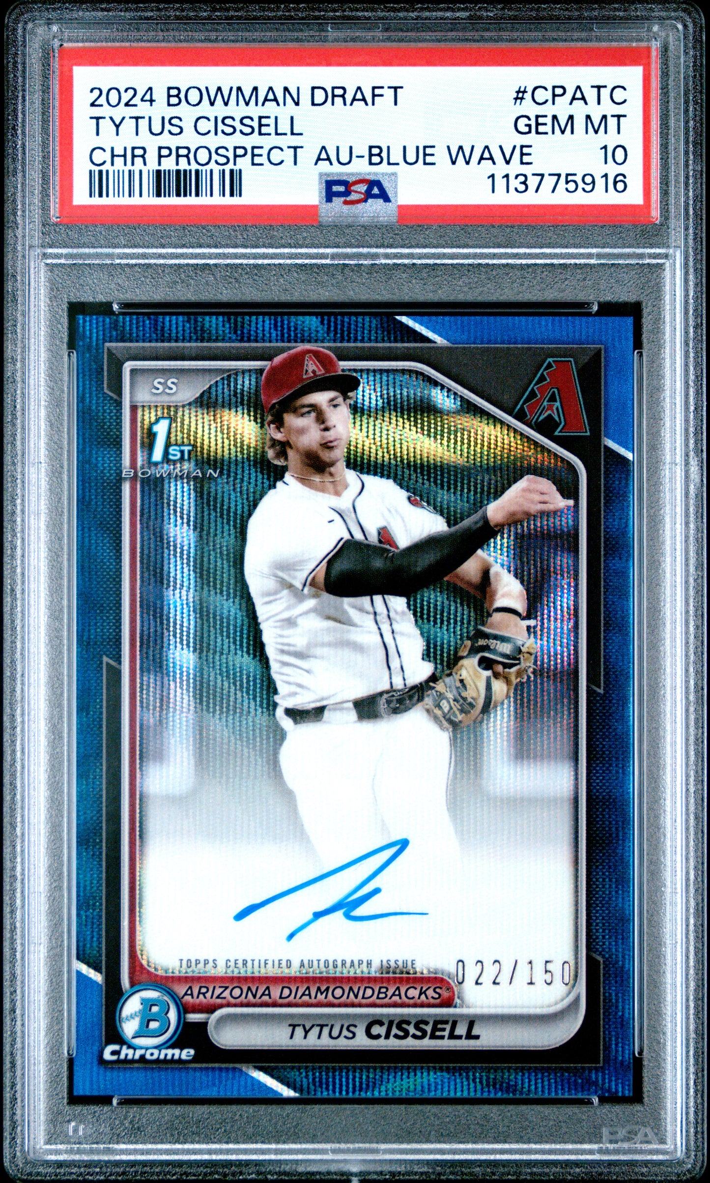 2024 Bowman Draft Chrome Autographs #CPATC Tytus Cissell Blue Wave /150 PSA 10