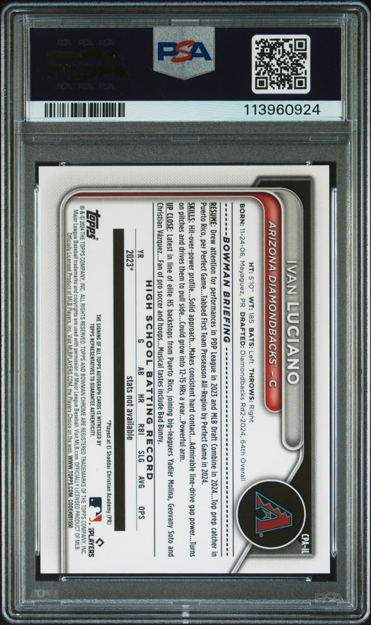 2024 Bowman Draft Chrome Autographs #CPAIL Ivan Luciano Sparkle /71 PSA 10