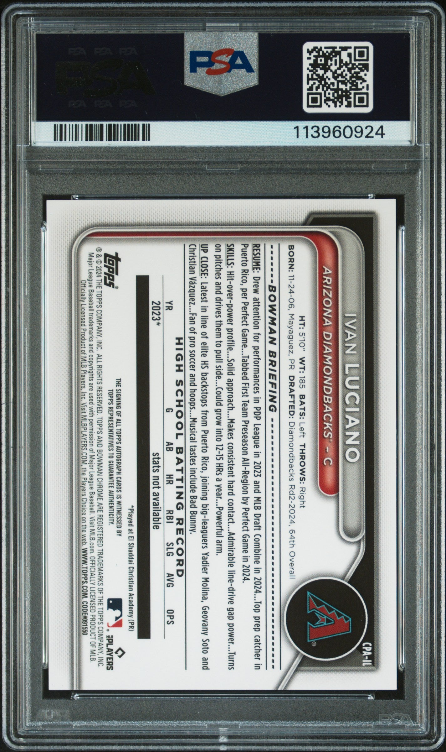 2024 Bowman Draft Chrome Autographs #CPAIL Ivan Luciano Sparkle /71 PSA 10