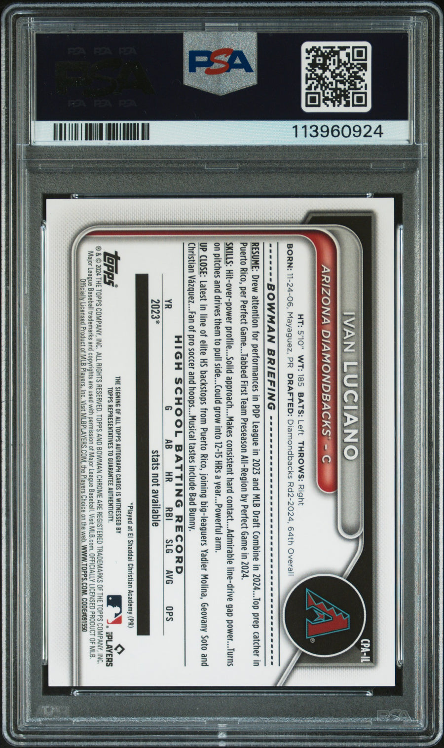 2024 Bowman Draft Chrome Autographs #CPAIL Ivan Luciano Sparkle /71 PSA 10