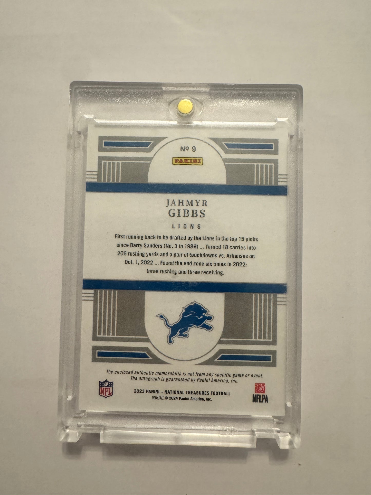 2023 Panini National Treasures #9 Jahmyr Gibbs Rookie Material Signatures /99