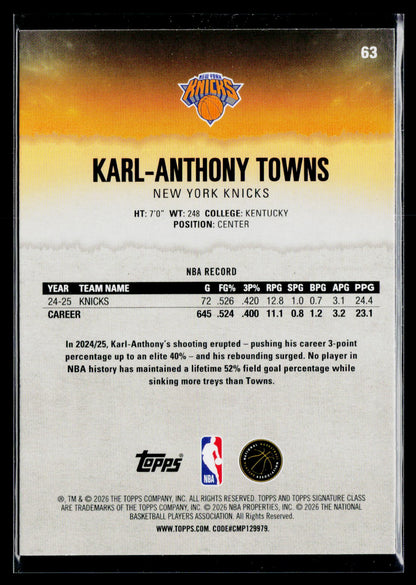2025-26 Topps Signature Class #63 Karl-Anthony Towns Yellow Refractors #/275