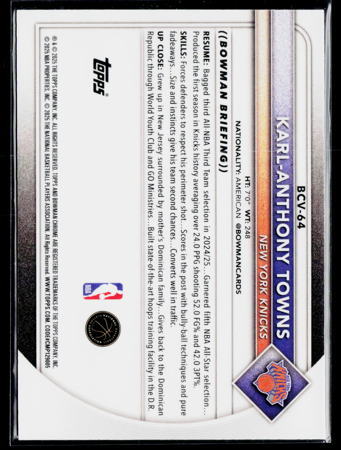2025-26 Bowman #BCV-64 Karl-Anthony Towns Chrome Reptilian Refractors