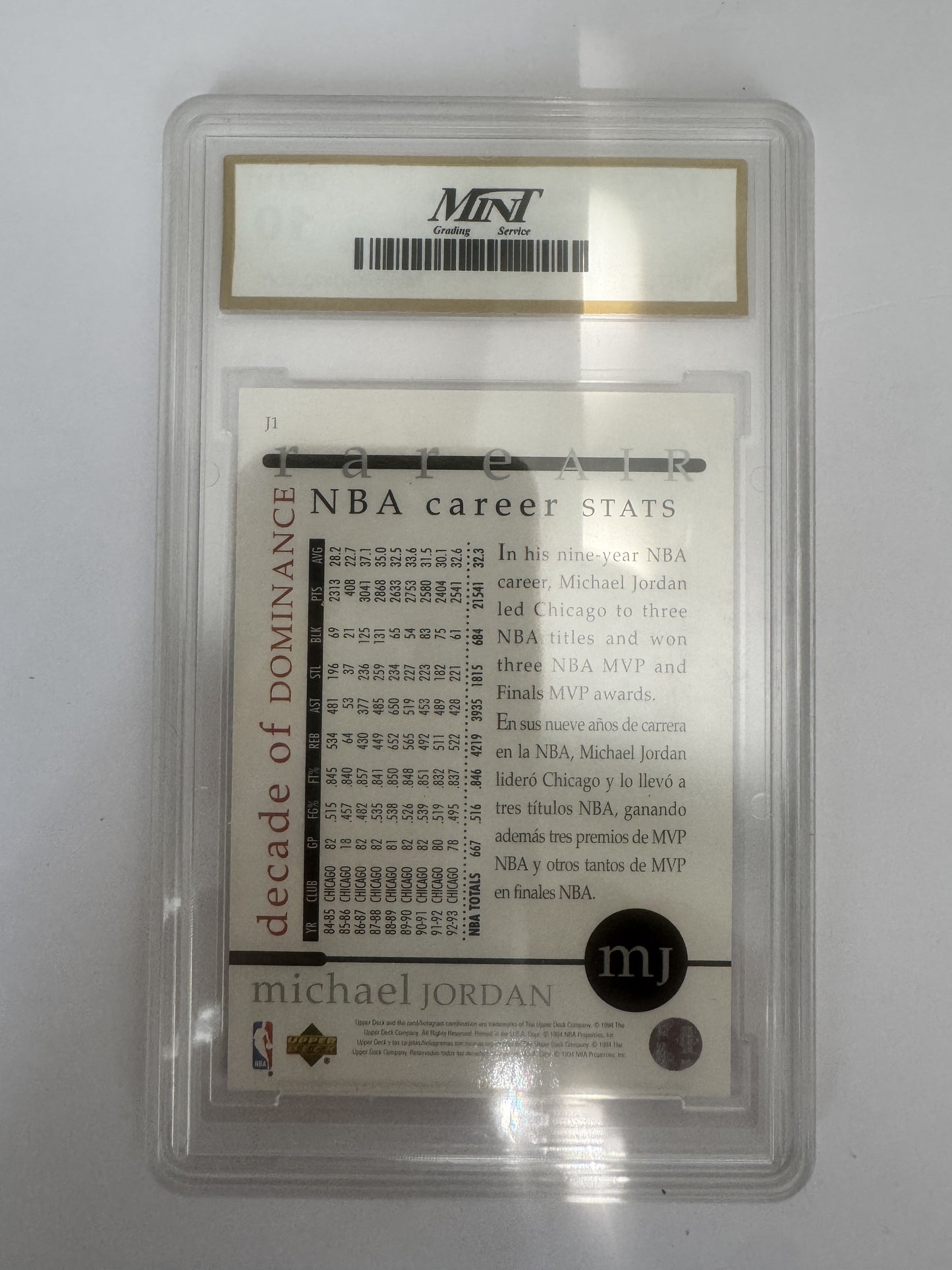 1994-95 Collector's Choice J1 Michael Jordan Rare Air Decade of Dominance MNT 10
