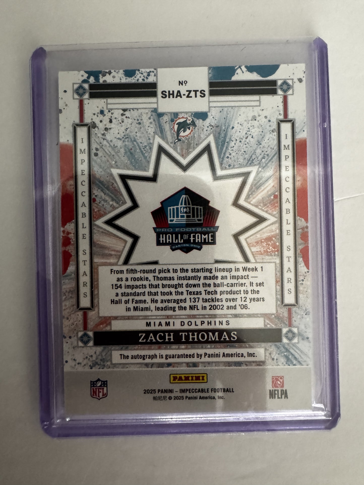 2025 Panini Impeccable #SHA-ZTS Zach Thomas Stars of the Hall Autographs #/99