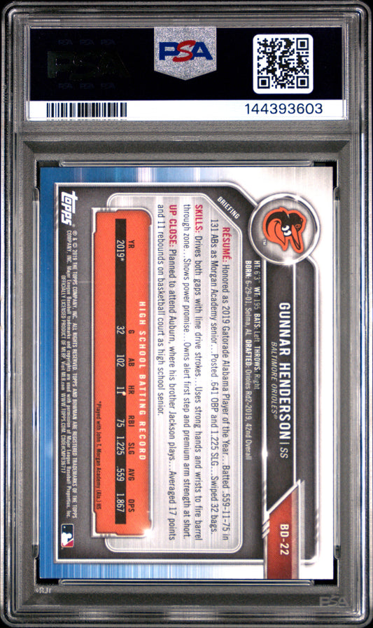 2019 Bowman Draft #BD22 Gunnar Henderson Green /99 PSA 9
