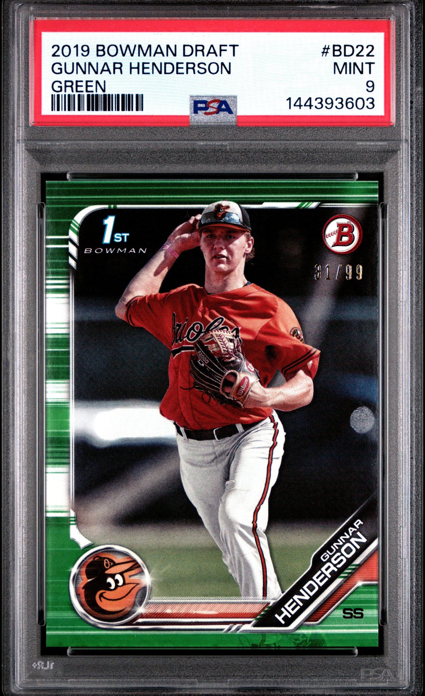 2019 Bowman Draft #BD22 Gunnar Henderson Green /99 PSA 9