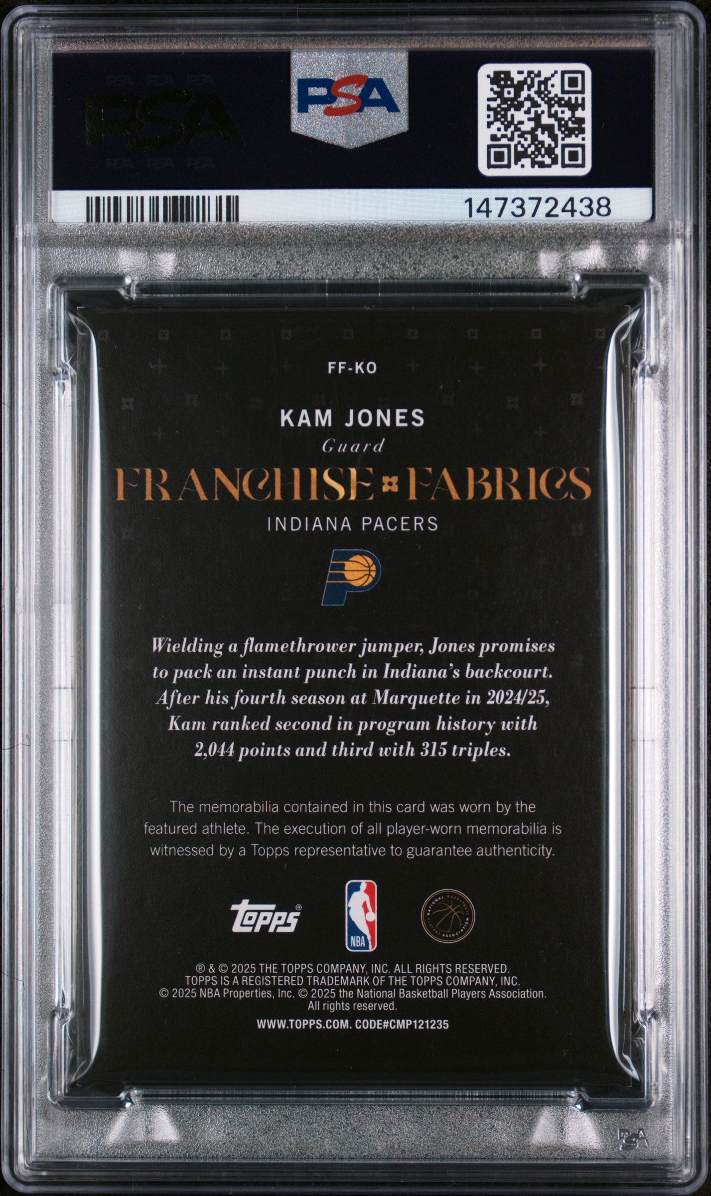 2025 Topps Franchise Fabrics #FF-KO Kam Jones Fran Fabrics-Green Holo Foil PSA 8
