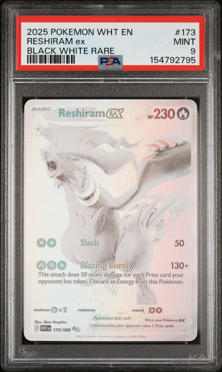 2025 Pokemon Wht En-White Flare #173 Reshiram Ex Black White Rare PSA 9