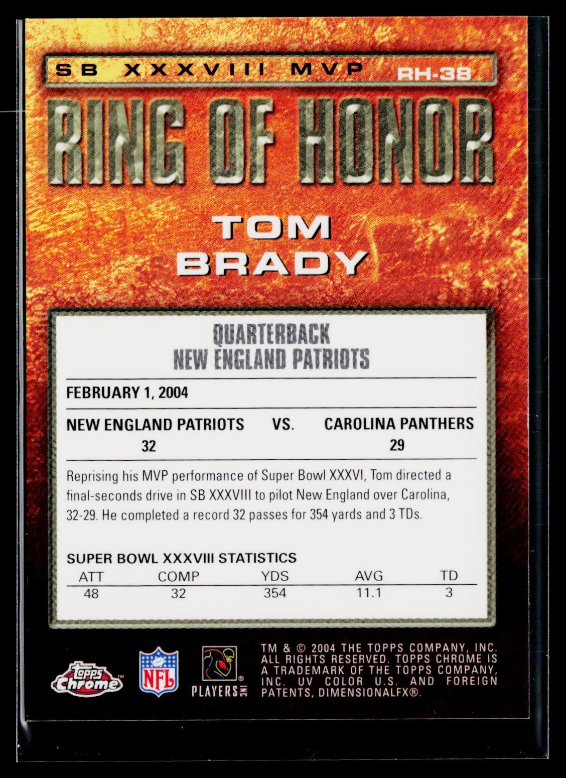 2004 Topps Chrome #RH-38 Tom Brady Ring of Honor: Tom Brady