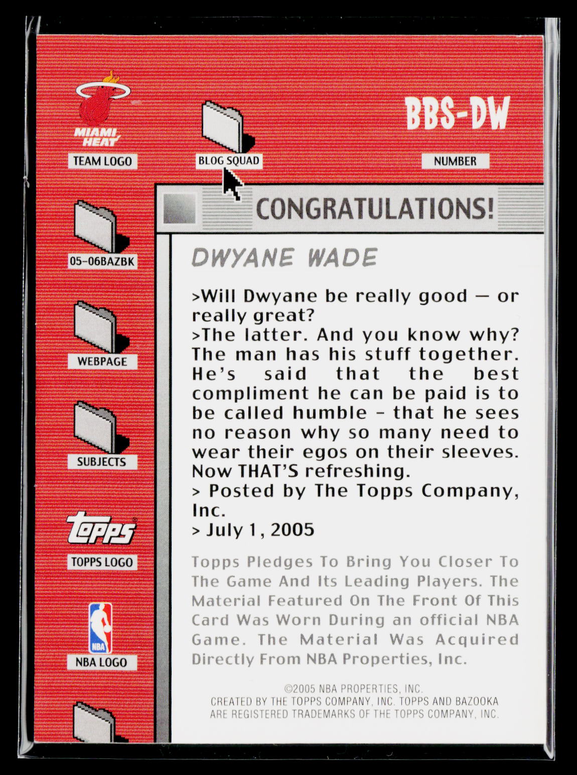 2005-06 Bazooka #BBS-DW Dwyane Wade Blog Squad Relics