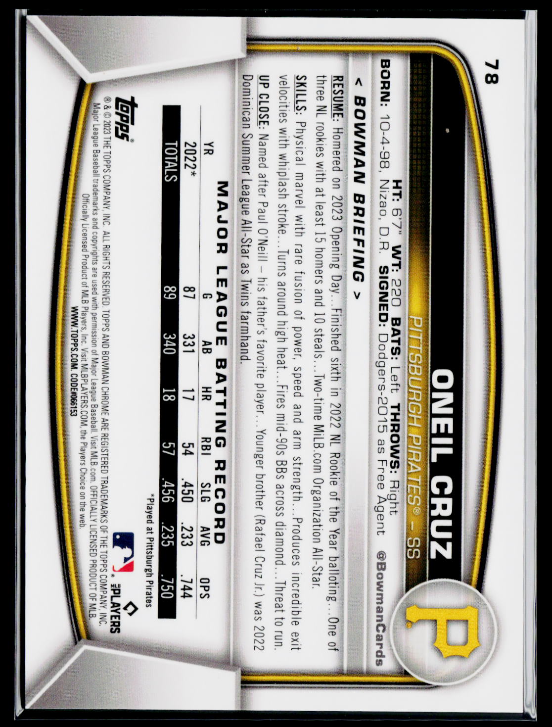 2023 Bowman Chrome Sapphire Edition #78 Oneil Cruz Purple #/25