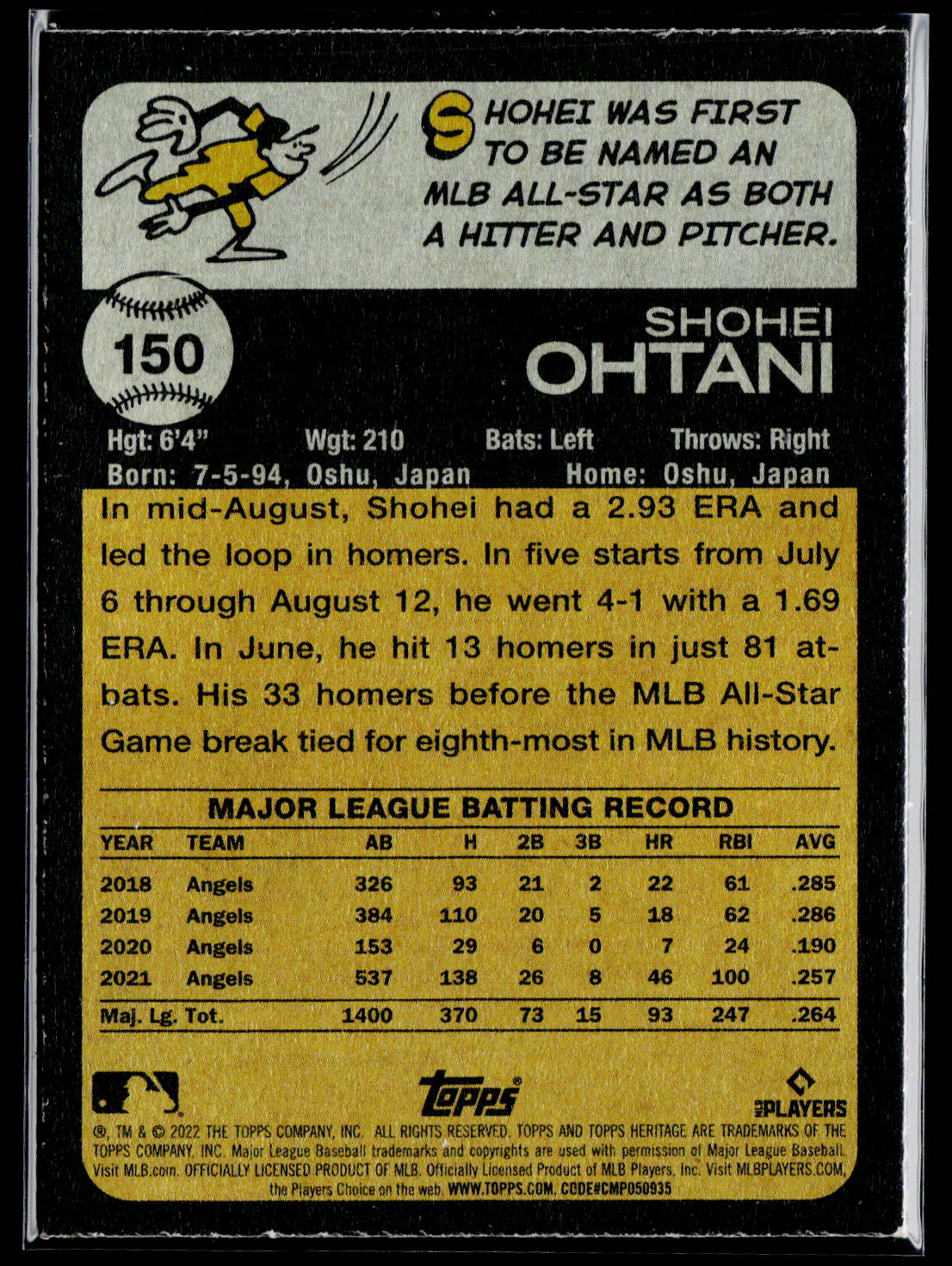 2022 Topps Heritage #150 Shohei Ohtani Chrome Blue Sparkle