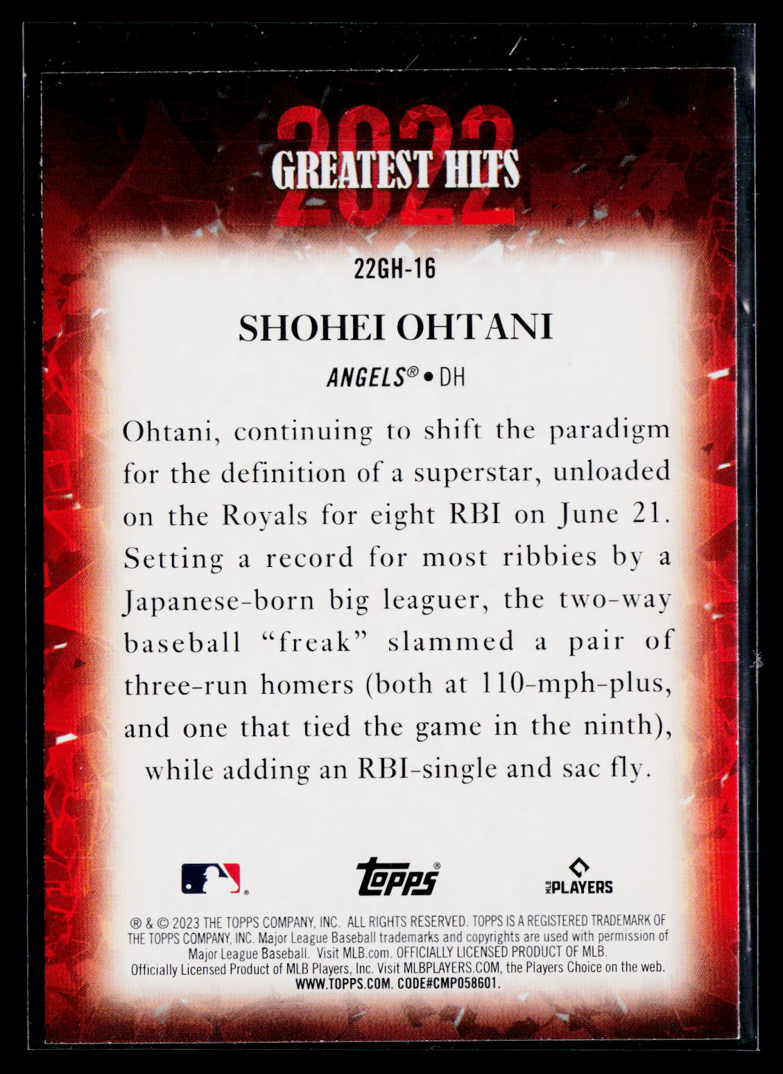 2023 Topps #22GH-16 Shohei Ohtani 2022 Greatest Hits