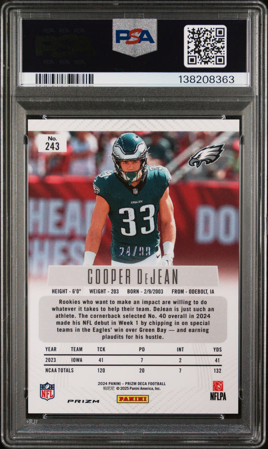 2024 Panini Prizm Deca #243 Cooper Dejean Purple Prizm PSA 8