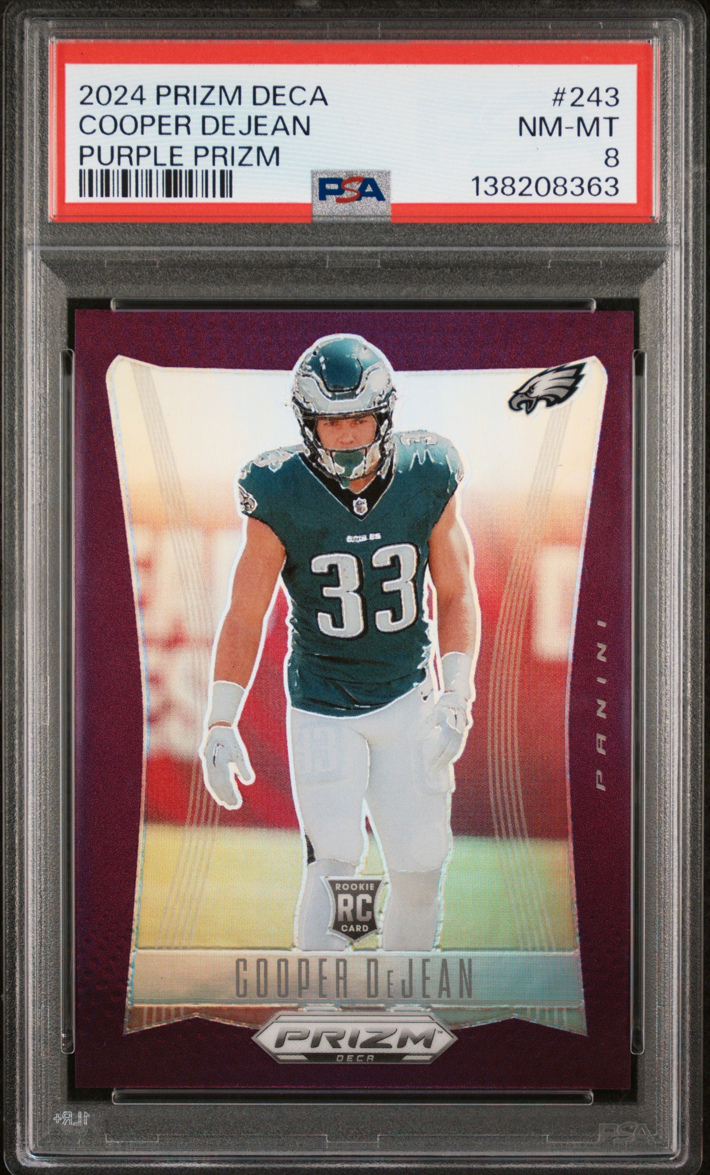 2024 Panini Prizm Deca #243 Cooper Dejean Purple Prizm PSA 8