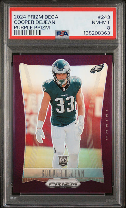 2024 Panini Prizm Deca #243 Cooper Dejean Purple Prizm PSA 8