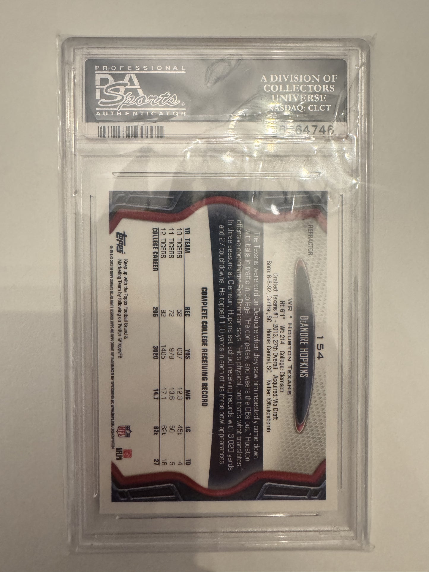 2013 Topps Chrome #154 Deandre Hopkins Blue Wave Refractor PSA 9