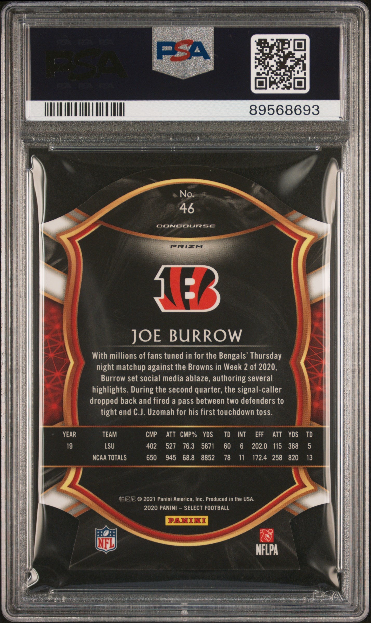2020 Panini Select #46 Joe Burrow Die-Cut Tri-Color Prizm PSA 9