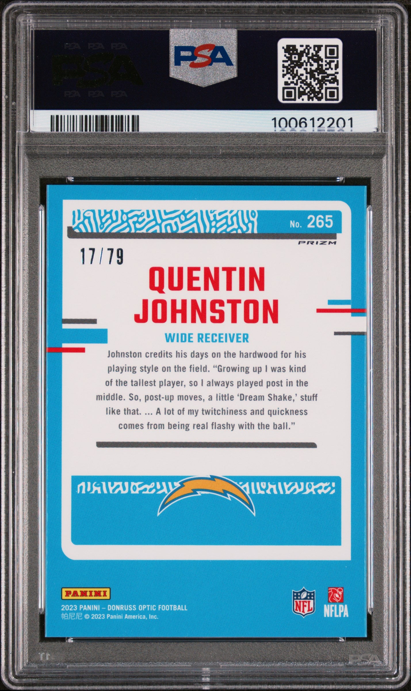 2023 Panini Donruss Optic #265 Quentin Johnston Pink Velocity PSA 9