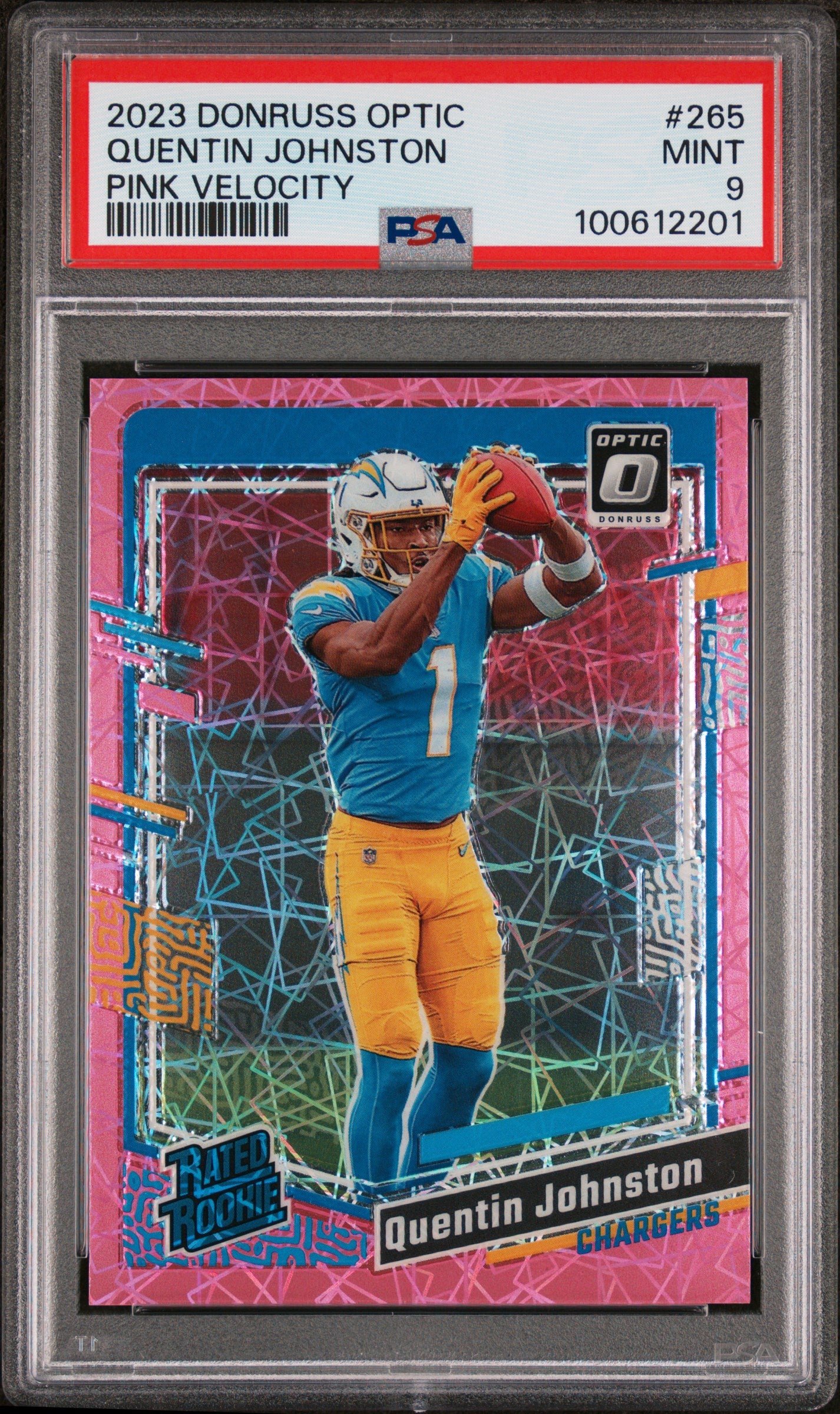 2023 Panini Donruss Optic #265 Quentin Johnston Pink Velocity PSA 9