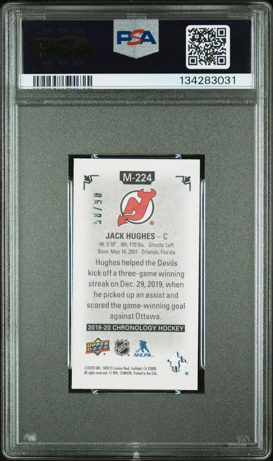 2019 Upper Deck Chronology Time Capsules Canvas Mini M224 Jack Hughes PSA 10