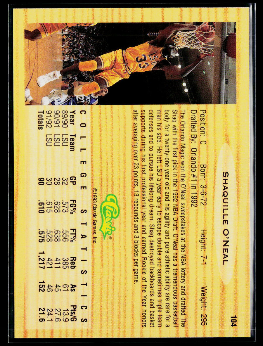 1993 Classic Draft Picks 104 Shaquille O'Neal /