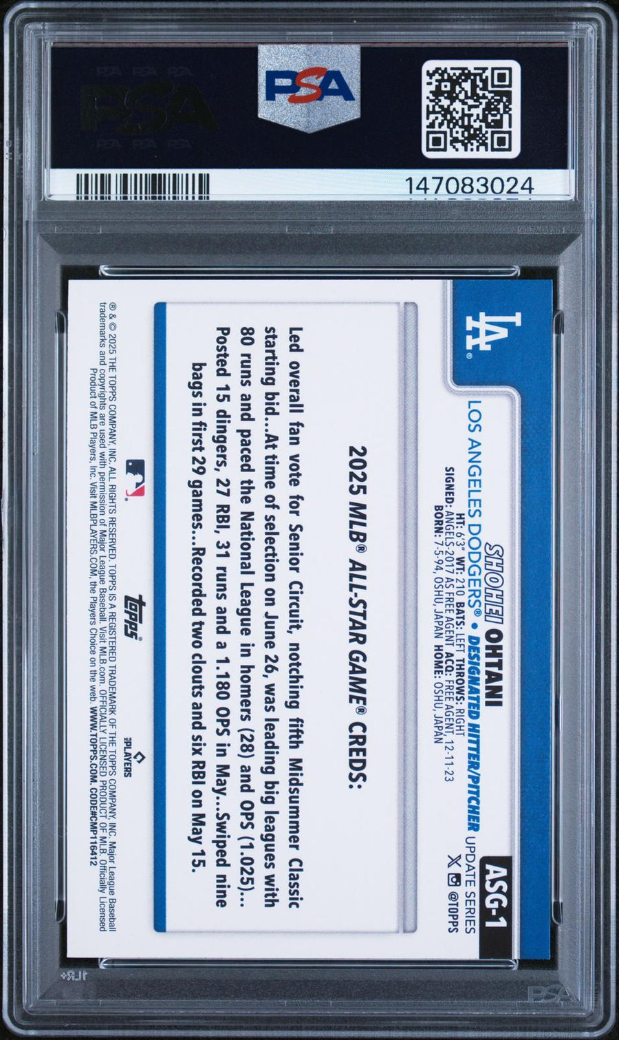 2025 Topps Update 2025 All-Star Game 1 Shohei Ohtani / PSA